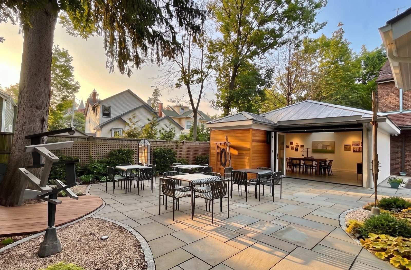 The courtyard at 90 North Broadway in late afternoon light