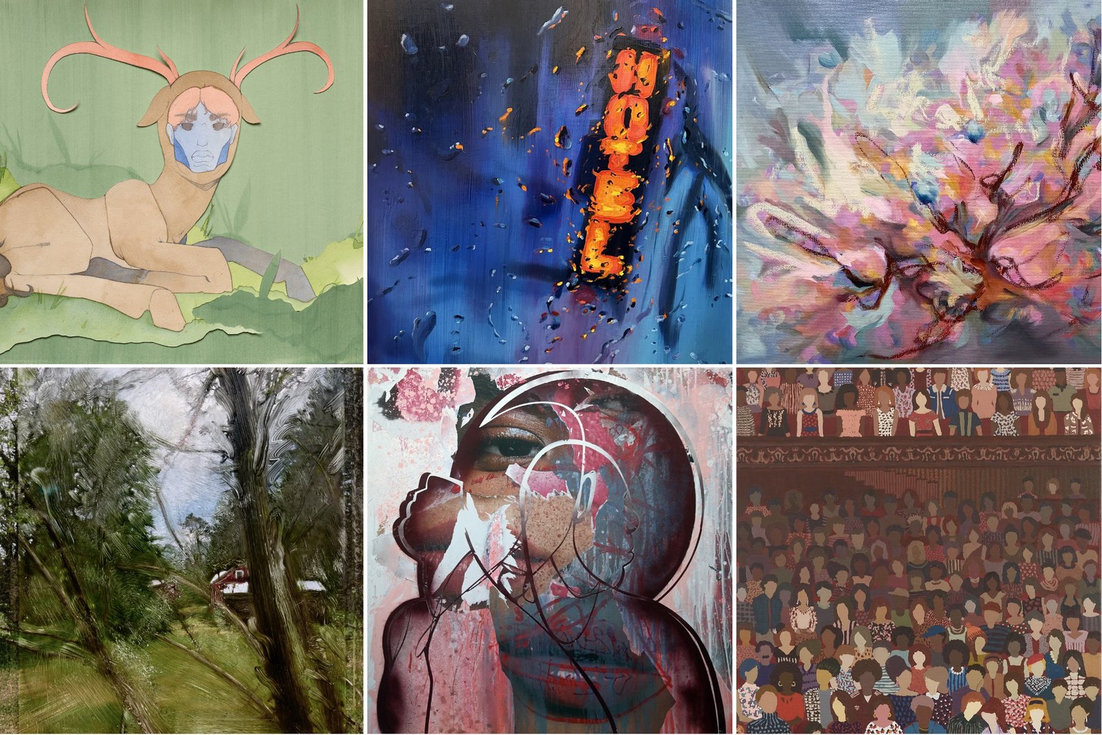 Six works in a grid: a reclining figure with antlers, a hotel sign behind rain, branching color on canvas, a stand of trees, a layered portrait, and rows of patterned figures in an audience